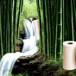 An image showcasing a serene bamboo forest with a small stream flowing through it, emphasizing the connection between bamboo toilet paper and water conservation
