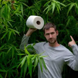 An image showcasing a person holding a roll of bamboo toilet paper, surrounded by lush greenery