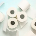 Rolls of toilet paper on light blue background